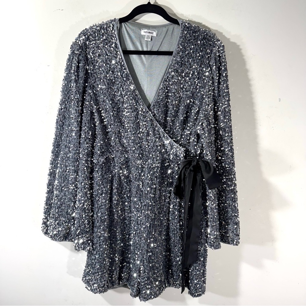Extro&Vert Silver Sequin Romper Sparkly Bell Slee… - image 2